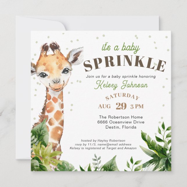 Giraffe Jungle Safari Shower Baby Sprinkle Invitation (Front)