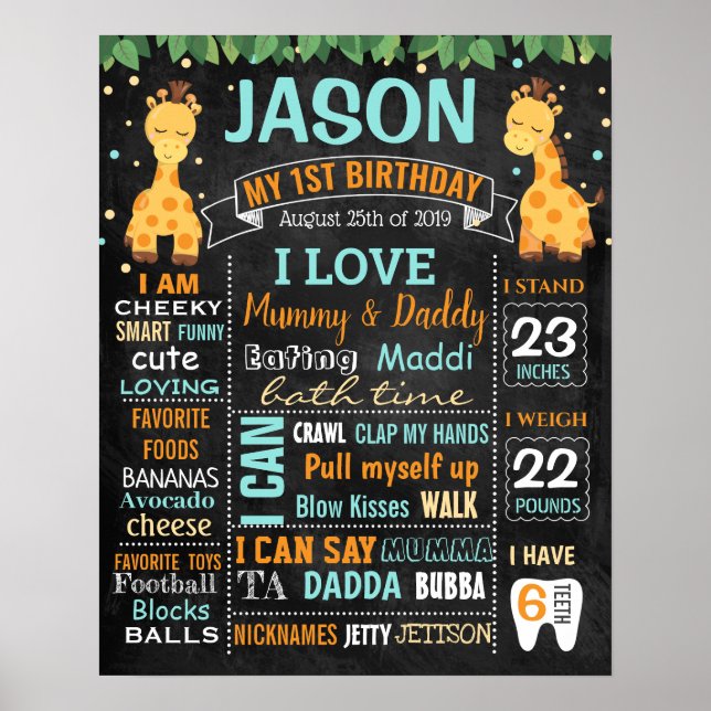 Giraffe Jungle zoo First Birthday chalkboard boy Poster (Front)