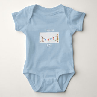 Giraffe Kangaroo Personalised Name Year Blue Baby Bodysuit