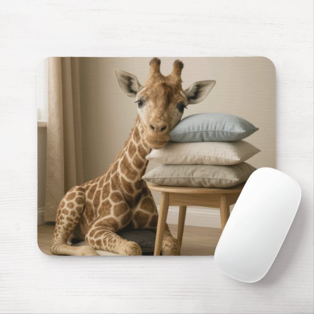 Giraffe Leaning On Pillow Stack Mouse Mat (With Mouse)