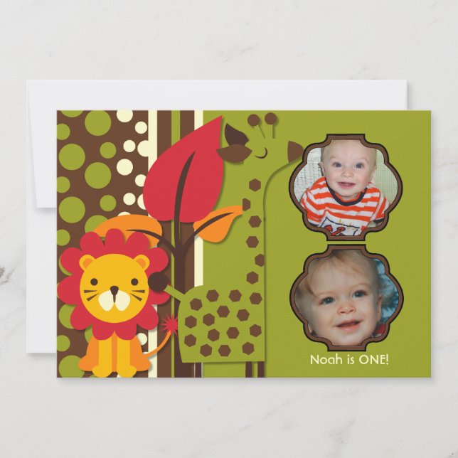Giraffe Lion Photo Zoo Animals Birthday Invitation (Front)