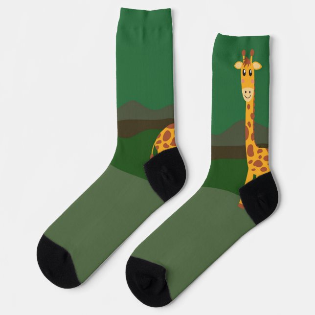 Giraffe looking out, in a swampy forest green socks (Left)