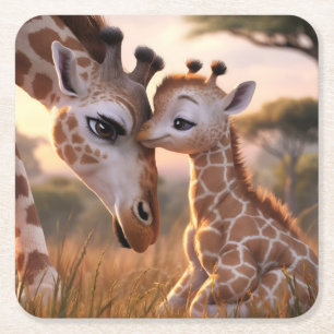 Giraffe Love: Baby Kissing Mum Square Paper Coaster
