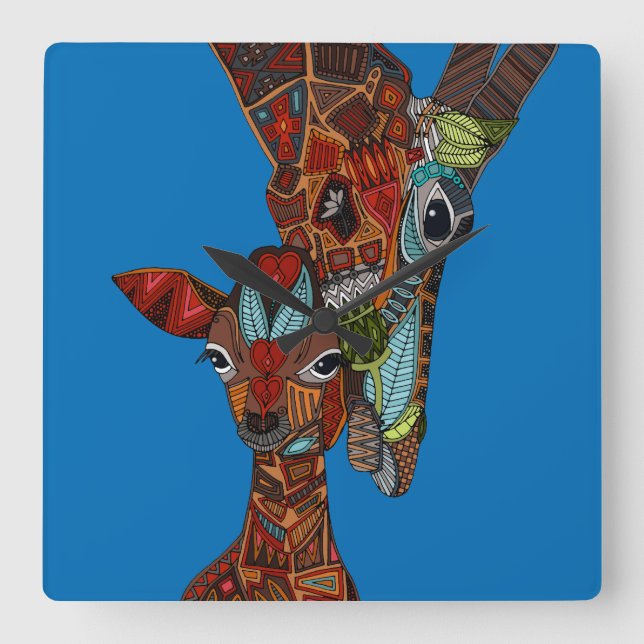 giraffe love blue square wall clock (Front)