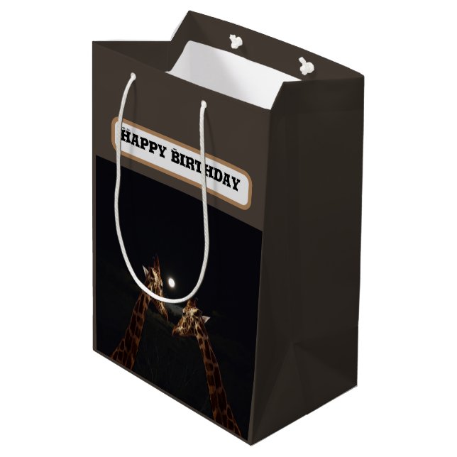 Giraffe Love In The Moonlight, Birthday Medium Gift Bag (Back Angled)