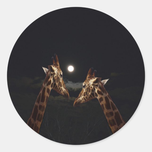 Giraffe Love In The Moonlight, Classic Round Sticker (Front)
