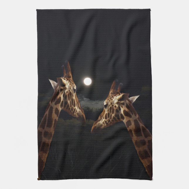 Giraffe Love In The Moonlight, Tea Towel (Vertical)