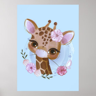 Giraffe Lover Cute Baby Giraffe With Flower Poster