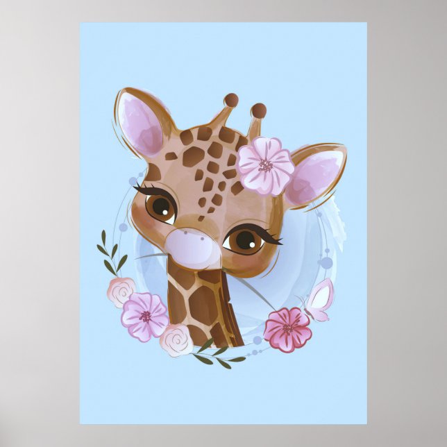 Giraffe Lover Cute Baby Giraffe With Flower Poster (Front)