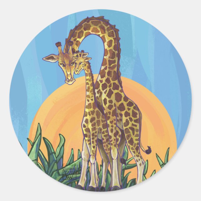 Giraffe Mama and Baby Classic Round Sticker (Front)