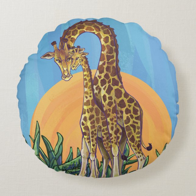 Giraffe Mama and Baby Round Cushion (Front)