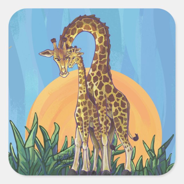 Giraffe Mama and Baby Square Sticker (Front)