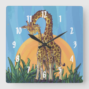 Giraffe Mama and Baby Square Wall Clock