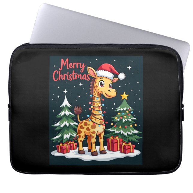 Giraffe Merry Christmas Tree Lighting Santa Giraff Laptop Sleeve (Front)