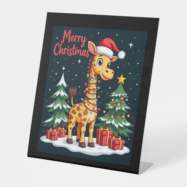 Giraffe Merry Christmas Tree Lighting Santa Giraff Pedestal Sign (Front)