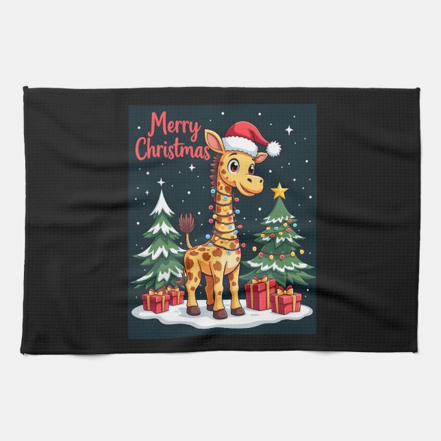Giraffe Merry Christmas Tree Lighting Santa Giraff Tea Towel (Horizontal)