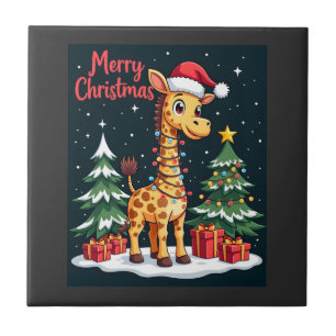 Giraffe Merry Christmas Tree Lighting Santa Giraff Tile