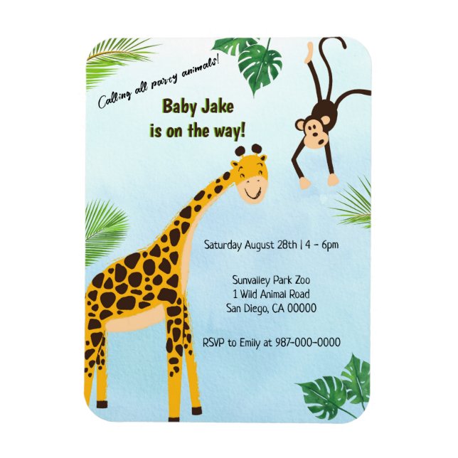 Giraffe & Monkey Safari or Zoo Party Animal Invite Magnet (Vertical)