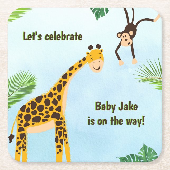 Giraffe & Monkey Safari or Zoo Party Animal    Square Paper Coaster (Front)