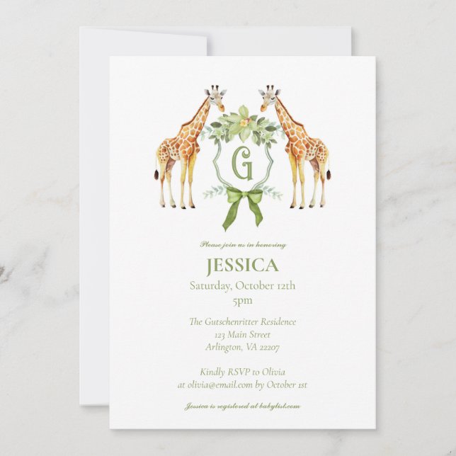Giraffe Monogram Baby Shower Invitation (Front)