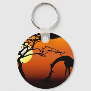 Giraffe Mother and Baby in African Sunset Key Ring