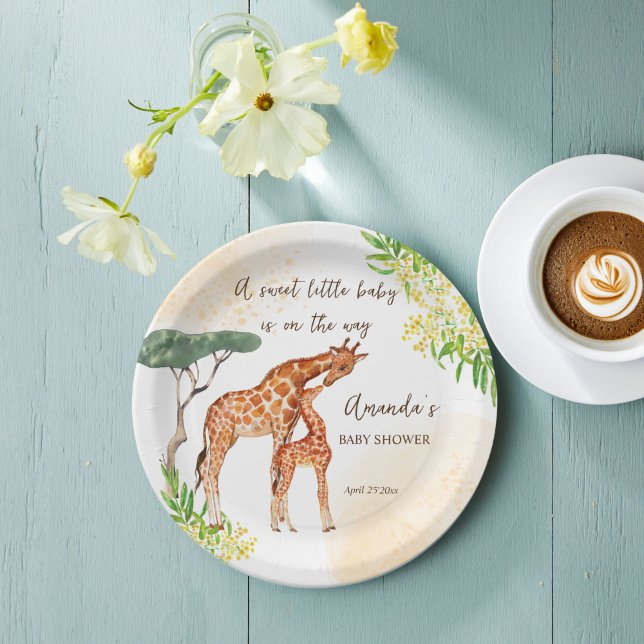 Giraffe mum and baby African safari baby shower Paper Plate (Giraffe safari baby shower cute giraffe mom and baby customized name Paper Plates personalized decor)
