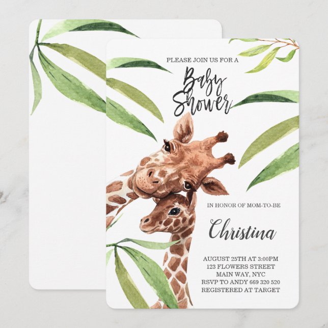 Giraffe Mum & Baby Greenery Eucalyptus Baby Shower Invitation (Front/Back)