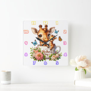 Giraffe Mum: Calf, Flowers, Mother's Day Square Wall Clock