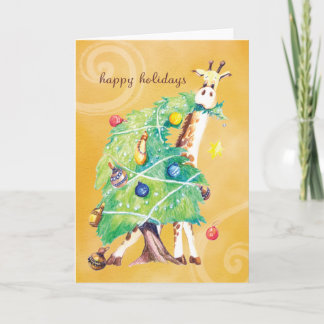 Giraffe nibbling on Christmas Tree Holiday Card