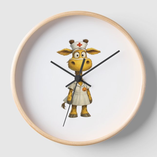Giraffe Nurse Cartoon – Whimsical Healthcare Hero  Clock (Front)