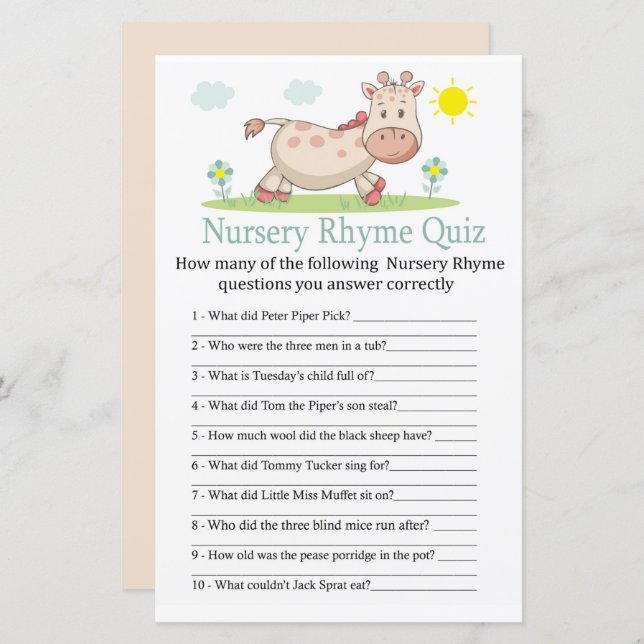 Giraffe Nursery Rhyme Quiz baby shower game (Front/Back)