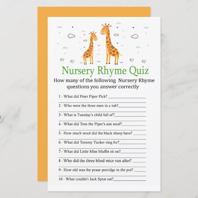 Giraffe Nursery Rhyme Quiz baby shower game (Front/Back)