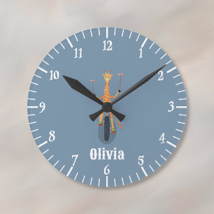 Giraffe on a Unicycle Blue Kid Room Wall Clock