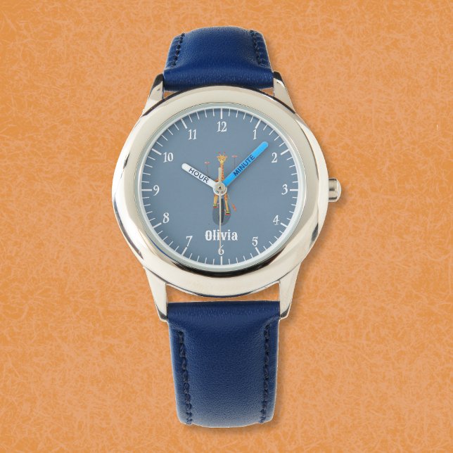 Giraffe on a Unicycle Kid Blue Watch with Name (Funny giraffe on a unicycle kid personalized beginner watch .)