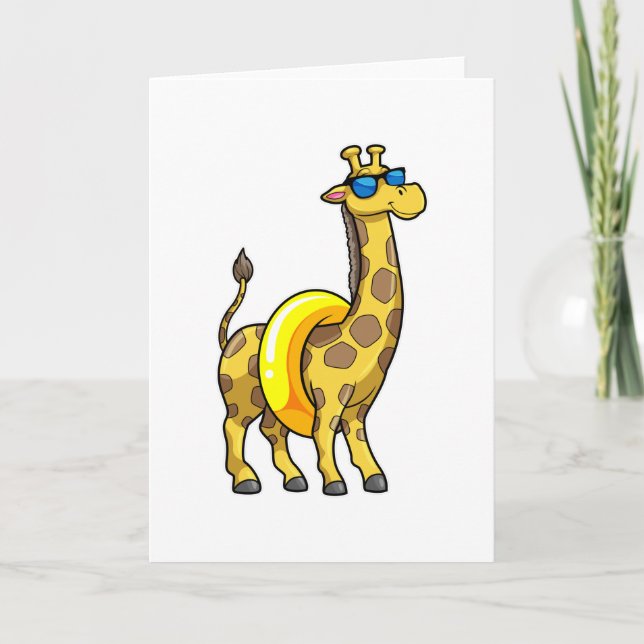 Giraffe on Beach with Swim ring & Sunglasses Card (Front)