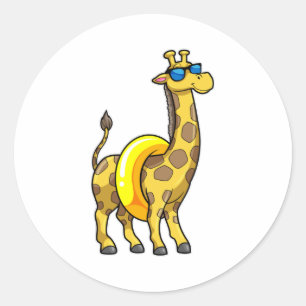 Giraffe on Beach with Swim ring & Sunglasses Classic Round Sticker