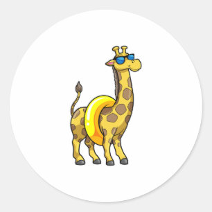 Giraffe on Beach with Swim ring & Sunglasses Classic Round Sticker
