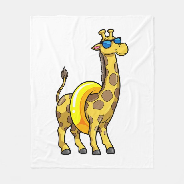 Giraffe on Beach with Swim ring & Sunglasses Fleece Blanket (Front)