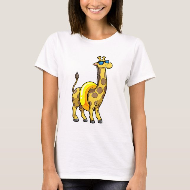 Giraffe on Beach with Swim ring & Sunglasses T-Shirt (Front)
