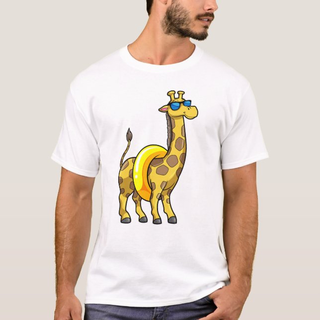 Giraffe on Beach with Swim ring & Sunglasses T-Shirt (Front)