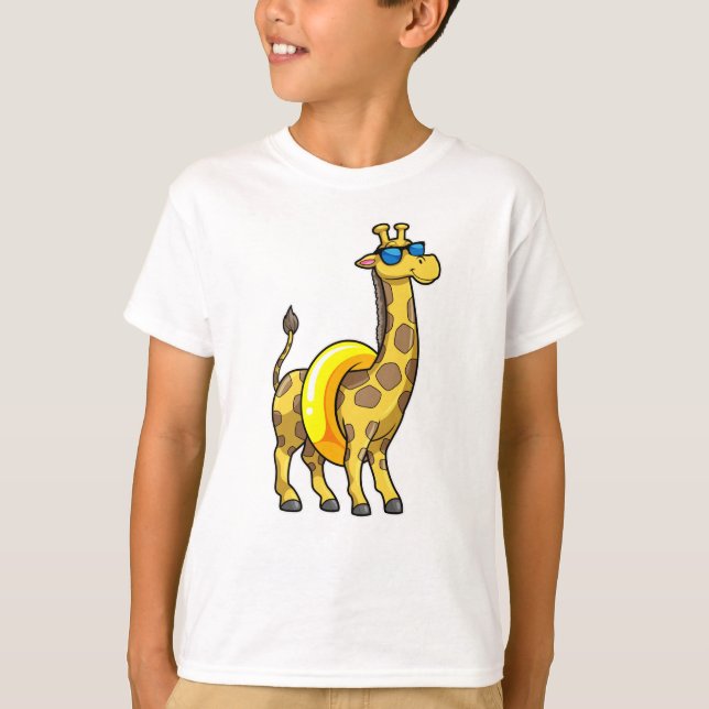 Giraffe on Beach with Swim ring & Sunglasses T-Shirt (Front)