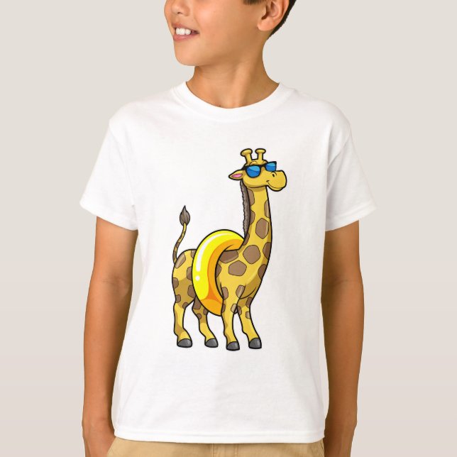 Giraffe on Beach with Swim ring & Sunglasses T-Shirt (Front)