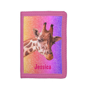 Giraffe on Colourful Background Girly Name Trifold Wallet