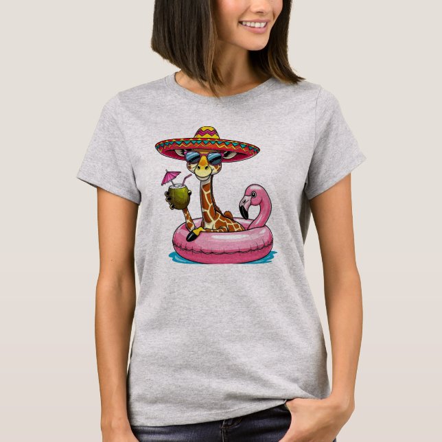 Giraffe On Flamingo Float T-Shirt (Front)