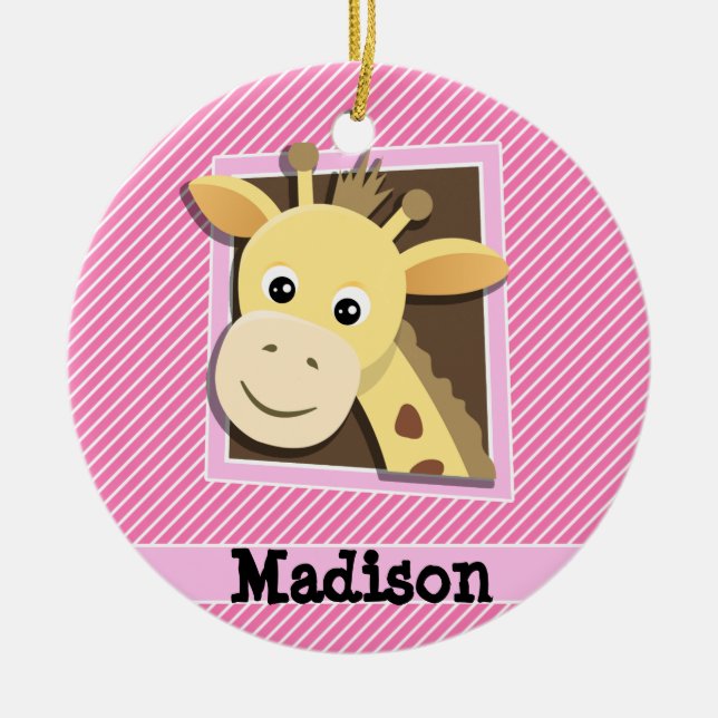 Giraffe on Pink & White Stripes Ceramic Tree Decoration (Front)