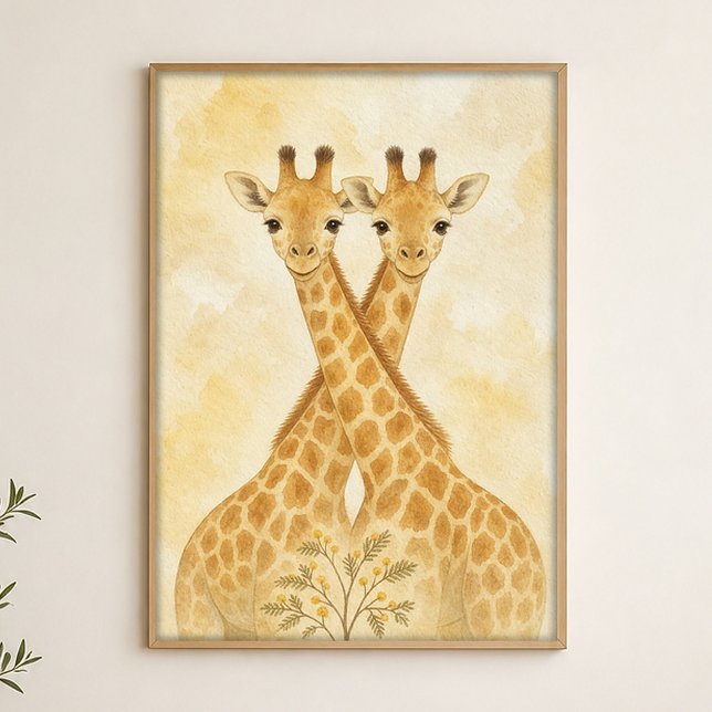 Giraffe Pair Watercolour Whimsical Art Poster (Shown framed for scale. Poster ships unframed; frames are an optional add-on.)