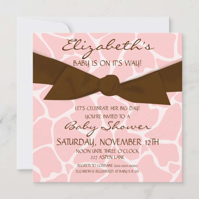 Giraffe Pattern Baby Shower Invite with Brown Bow (Front)