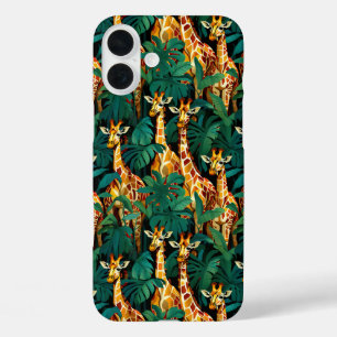 Giraffe Pattern in a Green Leafy Jungle iPhone 16 Plus Case