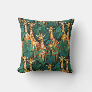 Giraffe Pattern in a Green Leafy Jungle Cushion