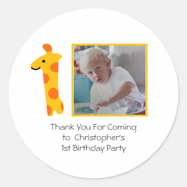 Giraffe Photo Orange and Yellow 1st Birthday  Classic Round Sticker (Front)